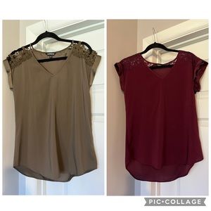 Express BUNDLE V Neck Lace Sleeve Cutout Blouse Womens Short Sleeve Shirt Small